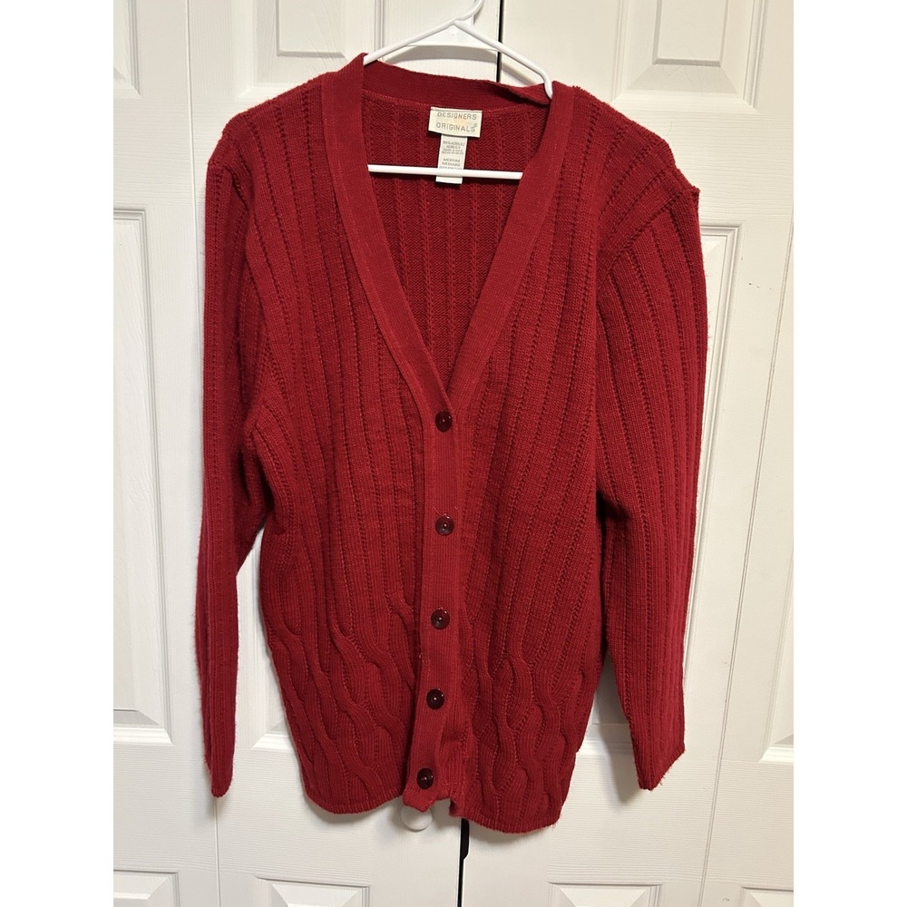 Designers Originals Vintage Cable Knit Red Cardigan Sweater Acrylic Made USA M